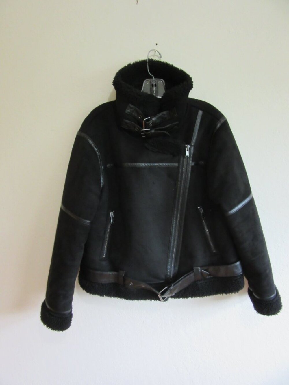 ZARA Black Faux Suede Sherpa XL Zip Long Sleeve Winter Jacket - Picture 2 of 7